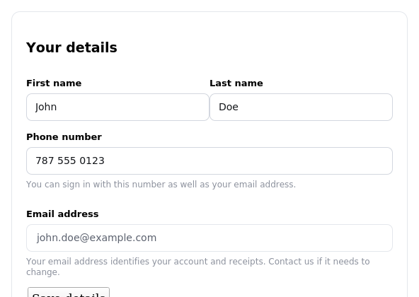 The Your details form: first name, last name, phone number, and a read-only email address.