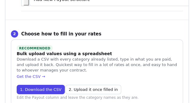 The two ways to fill in rates: bulk upload using a spreadsheet, or enter values manually.