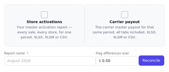 The two upload areas for activations and carrier payout, and the run bar with report name, tolerance, and the Reconcile button.
